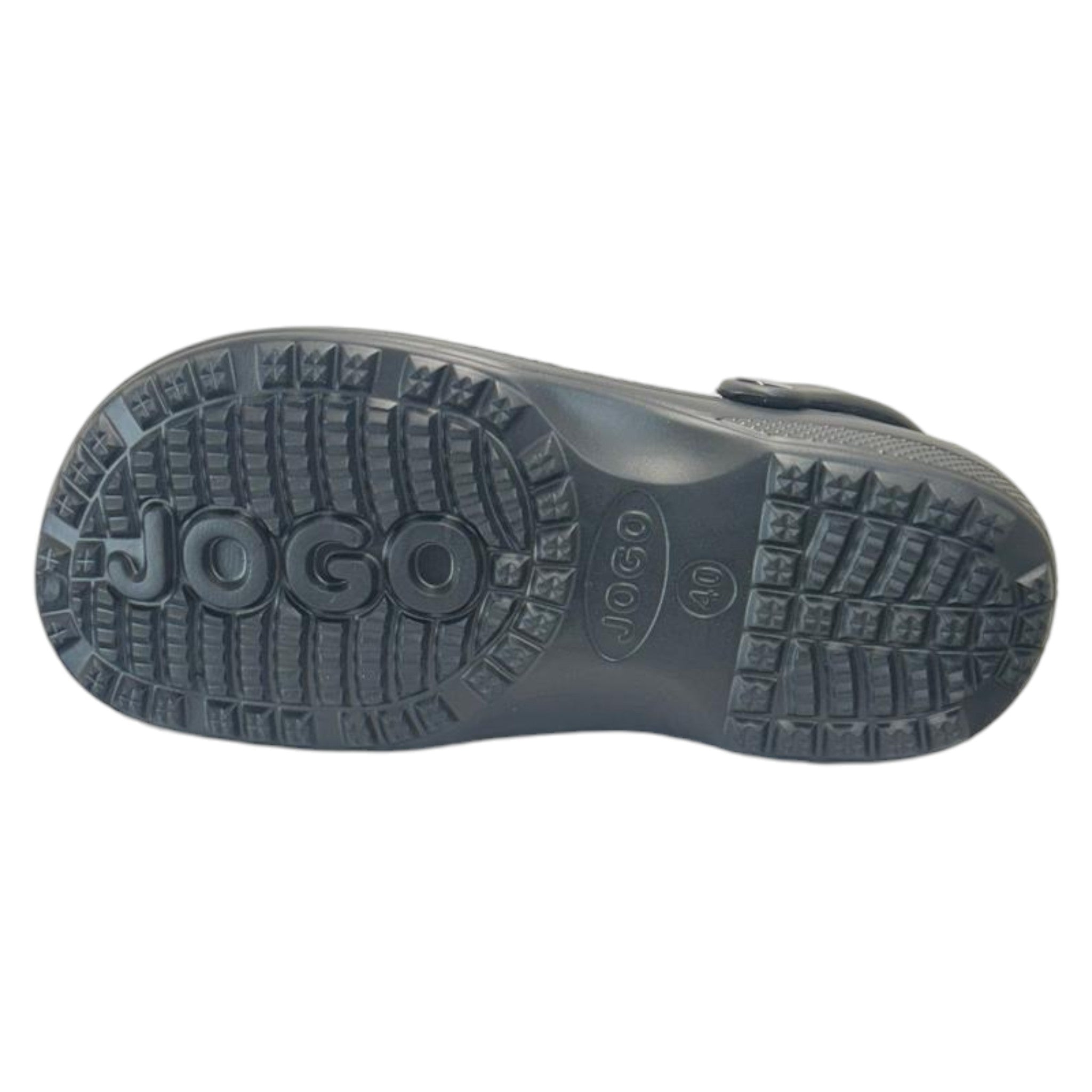 Mens black Jogo clogs with breathable ventilation holes and adjustable heel strap – lightweight unisex slip-on garden shoes